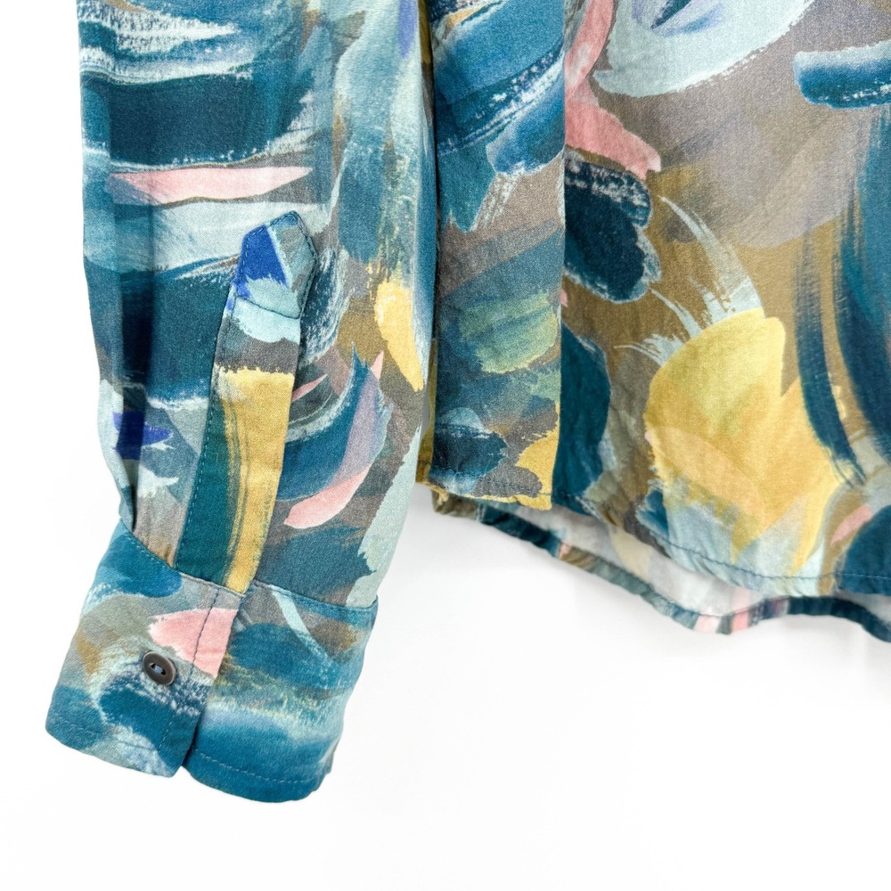 FDJ French Dressing Jeans Abstract Brushstroke Button Down Blouse Teal Small - Picture 7 of 8